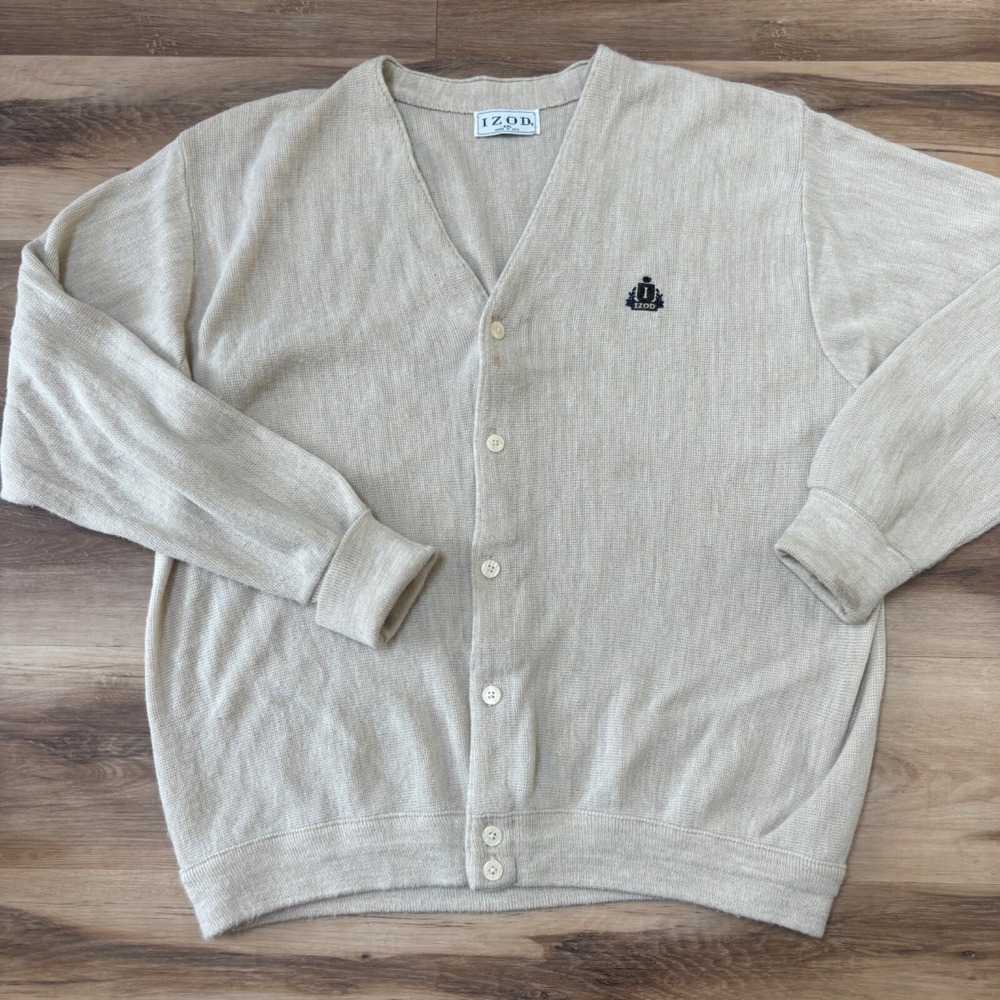 IZOD Cardigan Sweater XXL Vintage V-Neck Crest Logo Knit Beige Made in USA 90s